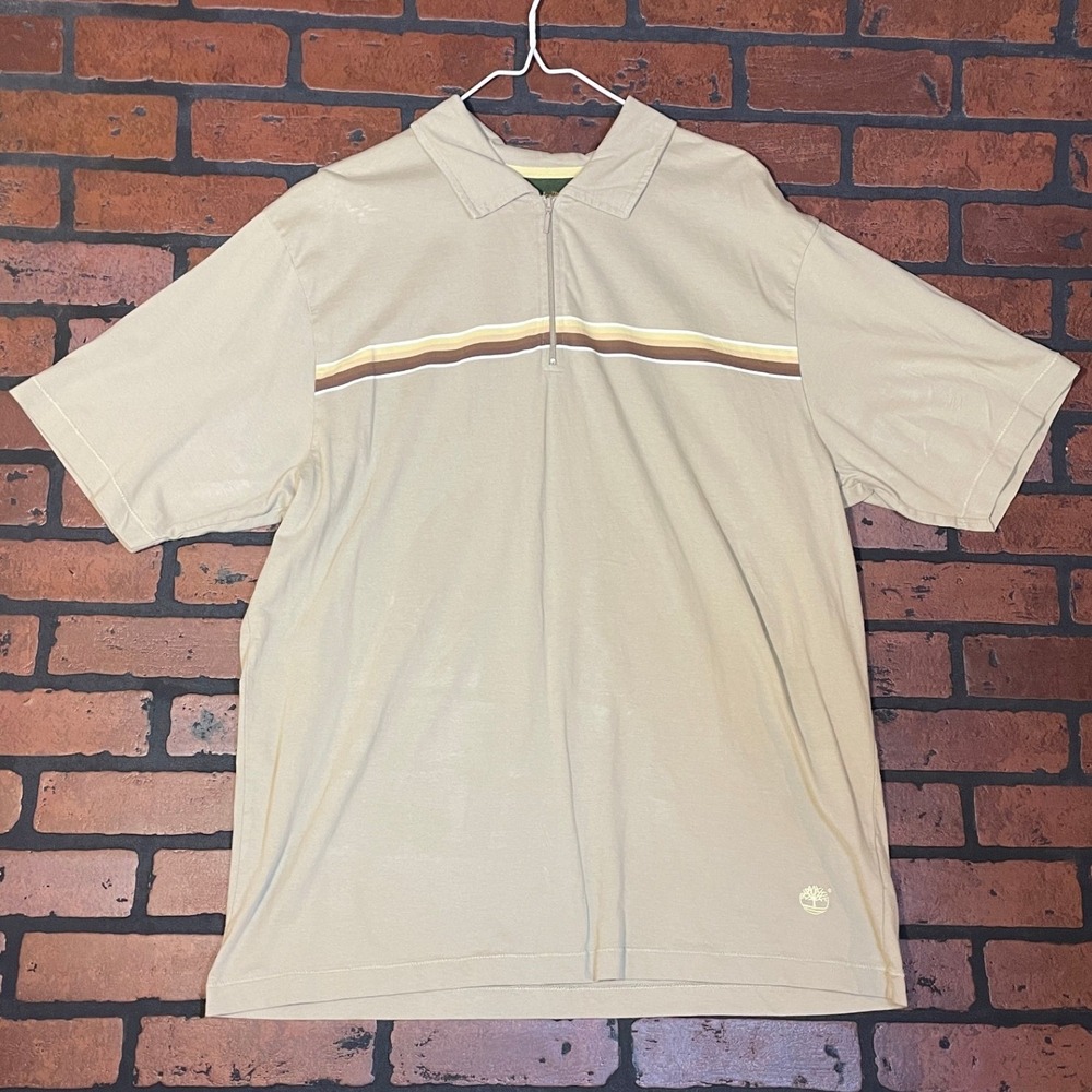 Timberland Men's XL 90s‎ Vintage Khaki Tan Striped Single Stich Polo